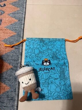 Jellycat Cream and Light Brown Plush Cup Keychain with Blue Bag